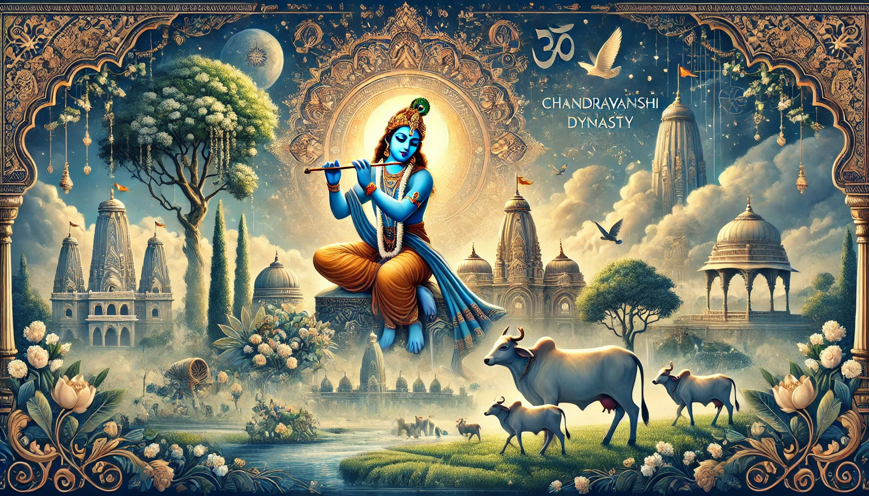 Divine depiction of Lord Krishna playing the flute surrounded by lush greenery and serene cows, with a glowing Dwarka cityscape in the background symbolizing the Yadav caste's heritage and spiritual prominence.